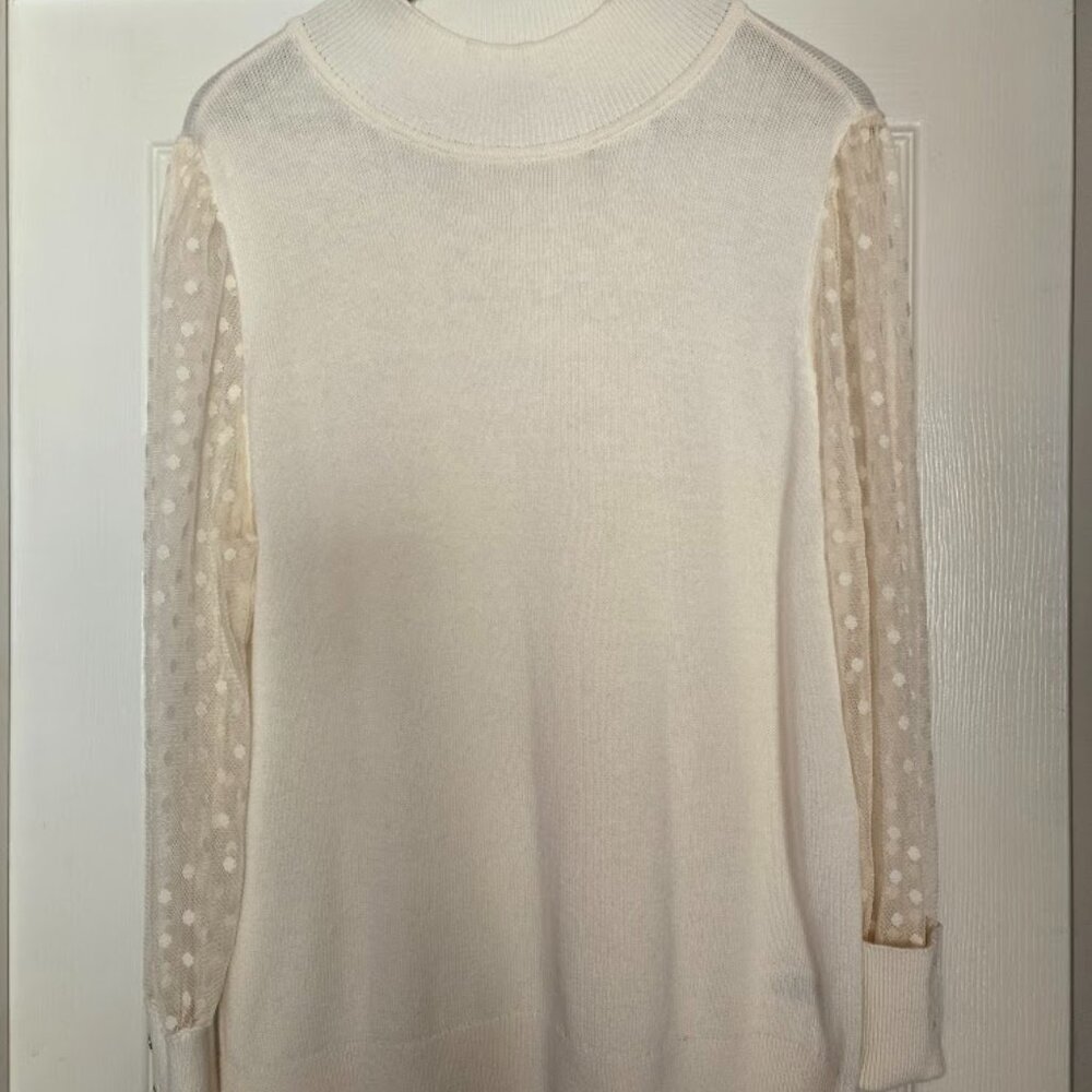 Talbots‎ Ivory Sweater with Sheer Dot Sleeves, Size Large - Picture 2 of 7